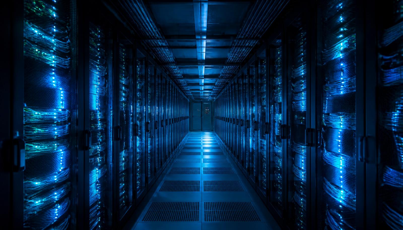 Allée de baies serveurs éclairée en bleu dans un datacenter