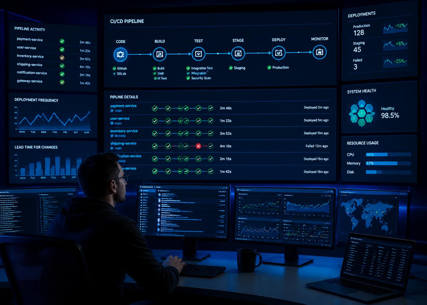 Ingénieur DevOps supervisant des pipelines CI/CD sur un mur d'écrans
