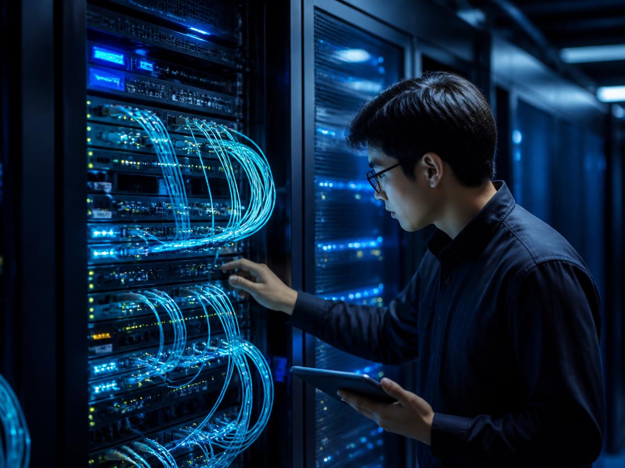Ingénieur réseau inspectant des baies de serveurs en datacenter