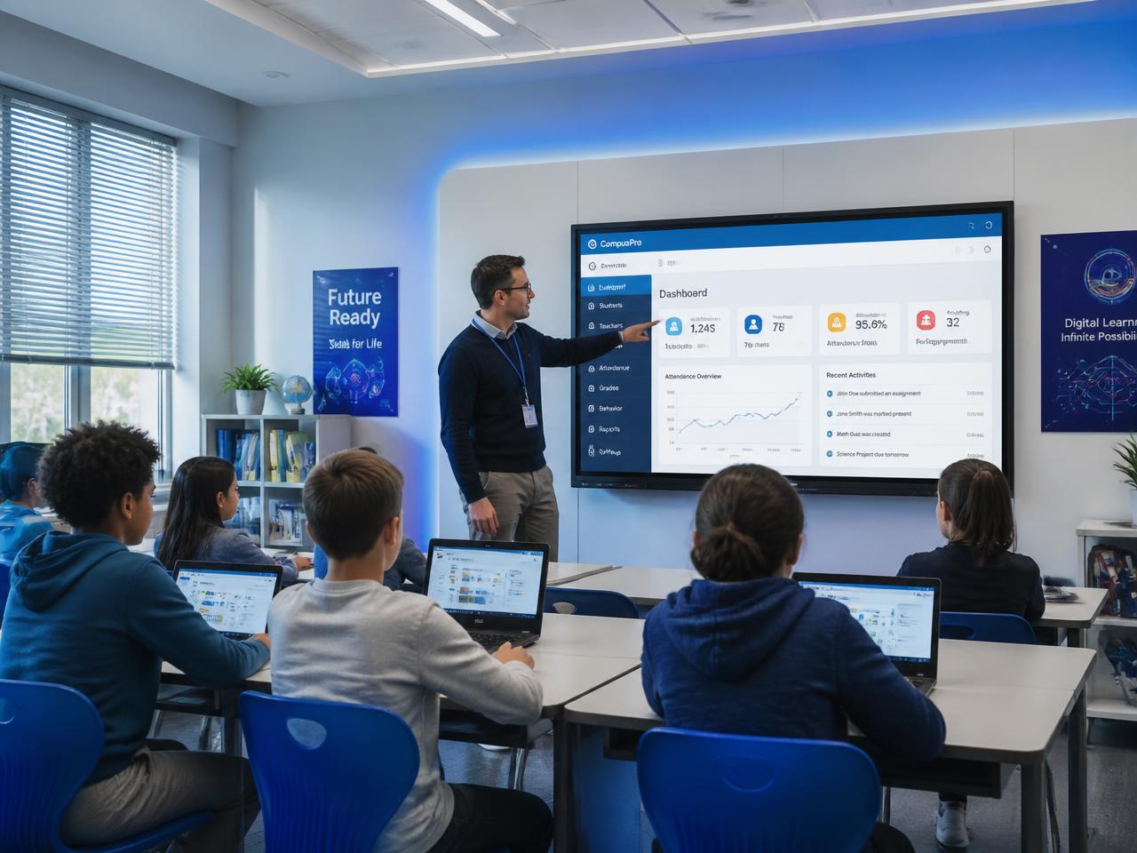Plateforme de gestion scolaire présentée à des élèves en salle informatique