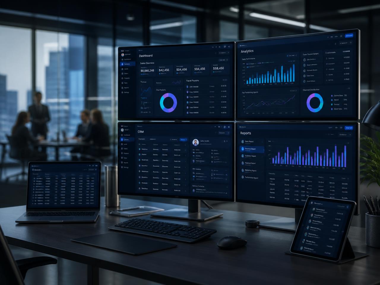 Tableaux de bord ERP et CRM affichés sur plusieurs écrans